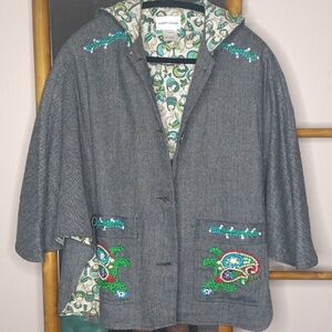 Tsumori Chisato Grey Wool Embroidered Hooded Cape Coat Size 4